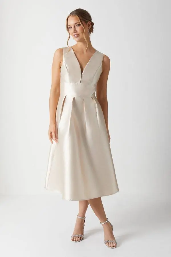 Coast Women's Plunge Neck Structured Twill Midi Bridesmaid Dress in Champagne 