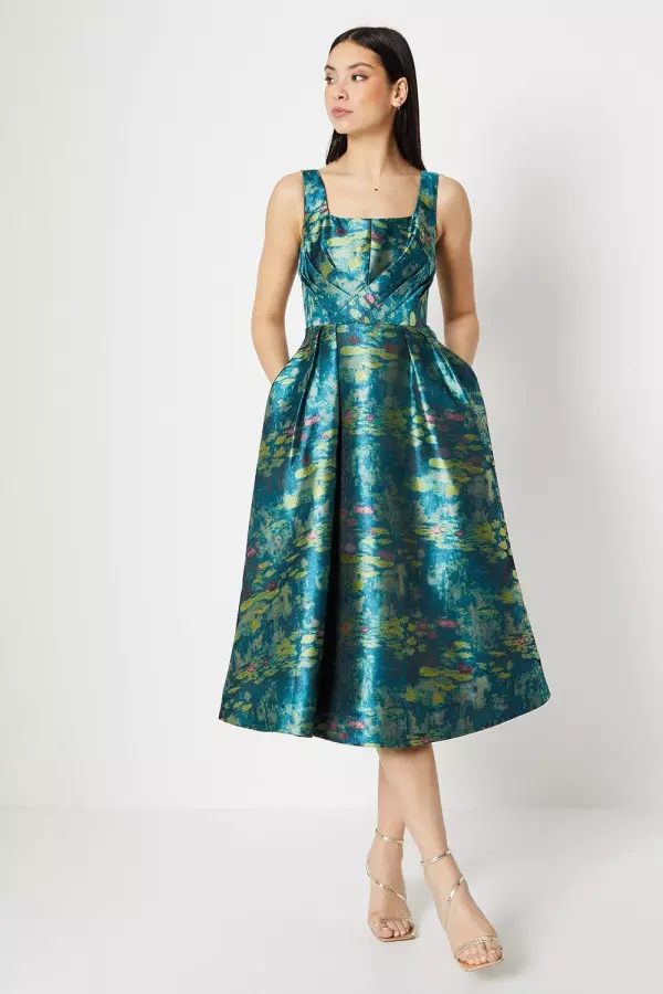 Panelled Bodice Jacquard Midi Dress