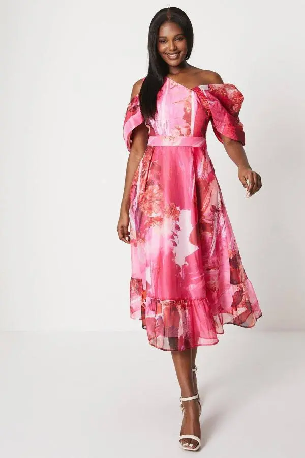 Coast Women's Off Shoulder Organza Midi Dress in Pink 