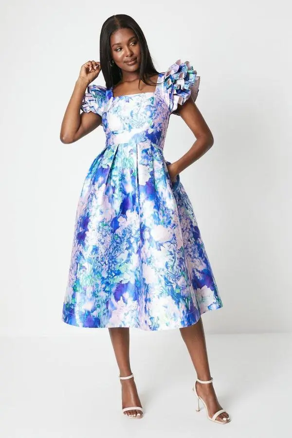 Coast Women's Frill Sleeve Twill Midi Dress in Blue 