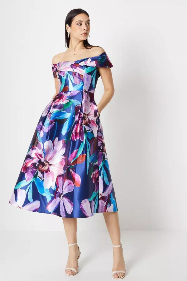 Bardot Pleat Detail Floral Print Midi Dress