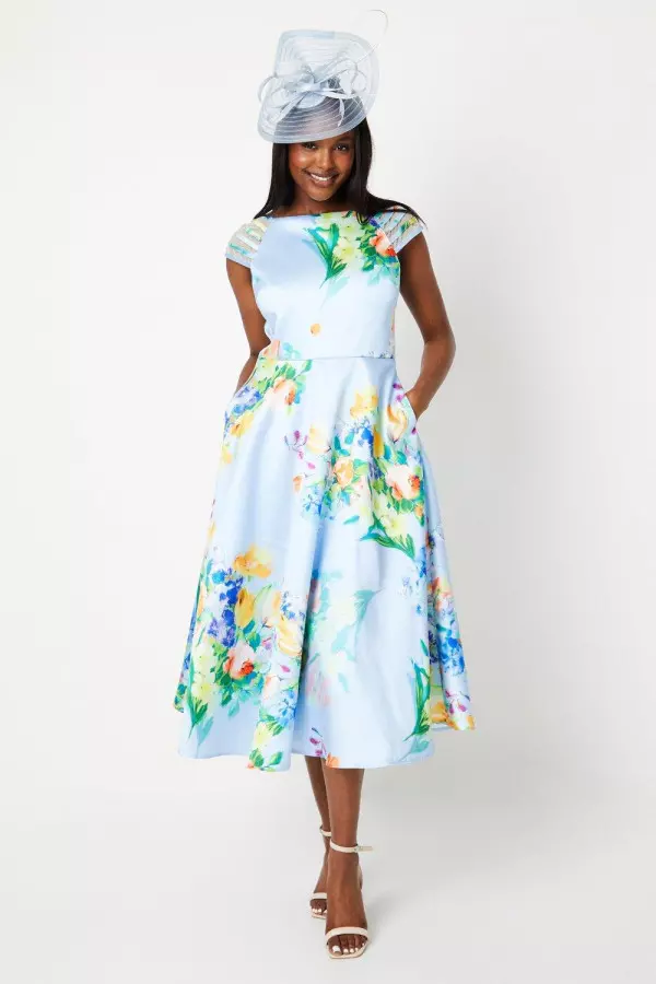 Satin Twill Multi Strap Floral Midi Dress