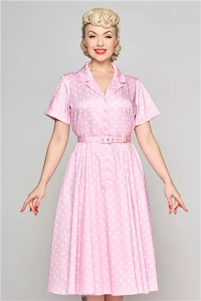 Collectif Mainline Caterina Pink Polka Swing Dress