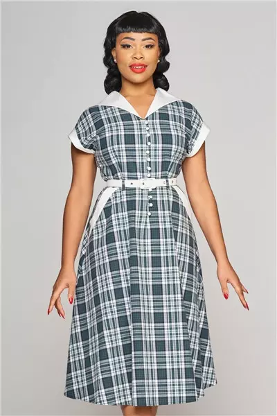 Collectif Mainline Marjorie Emerald Check Swing Dress