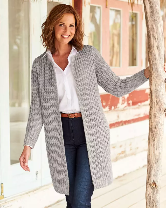 Cotton Traders Women's Longline Cable Coatigan  in Grey