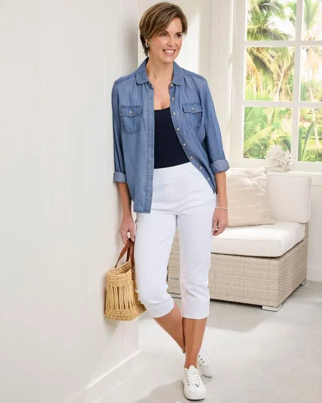 Cotton Traders Women's Premium Pull-On Rib Waist Crop Twill Jeans in White, Cotton/Elastane