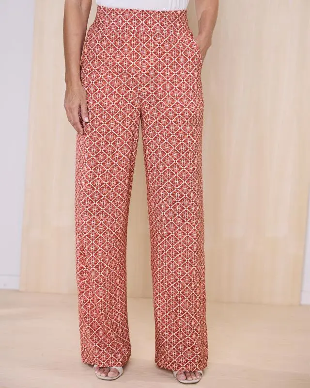 Cotton Traders Women's Wide Leg Pull-On Trousers in Orange, 100% Viscose
