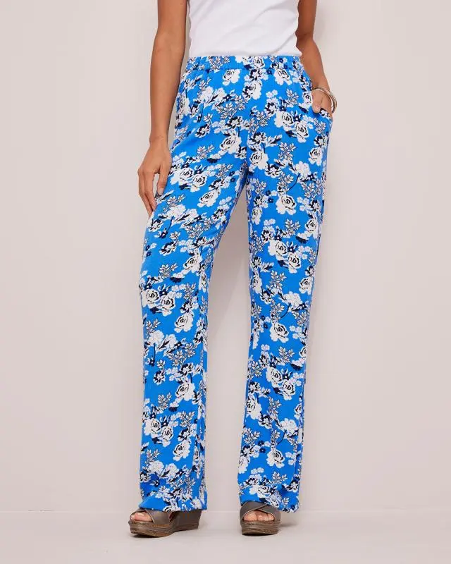 Cotton Traders Women's Pull-On Printed Crinkle Trousers in Blue, 100% Viscose