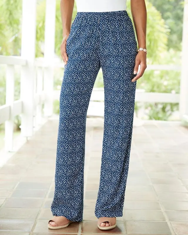 Cotton Traders Women's Printed Pull-On Wide-Leg Trousers in Blue, 100% Viscose