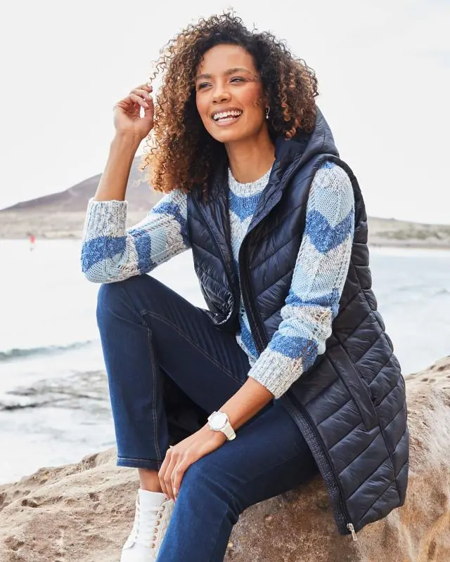 Cotton Traders Women's Longline Padded Hooded Gilet in Blue, 100% Polyester