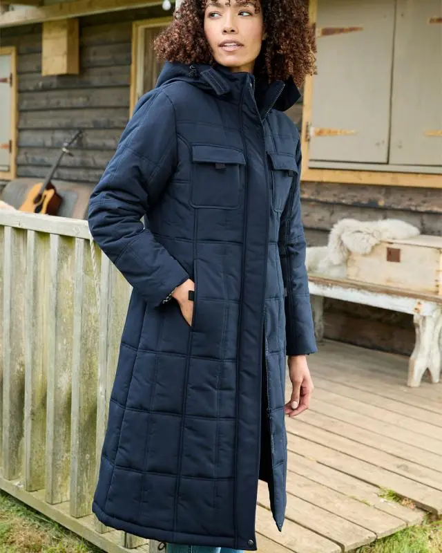 Cotton Traders Women's Long Padded Hooded Coat in Blue, 100% Polyester