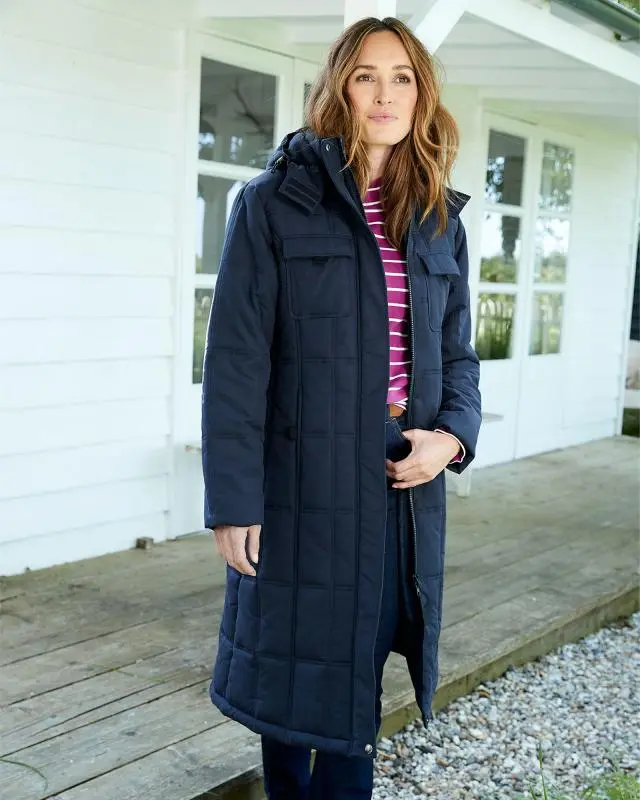 Cotton Traders Women's Long Padded Hooded Coat in Blue, 100% Polyester