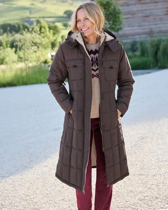 Cotton Traders Women's Long Padded Hooded Coat in Brown, 100% Polyester