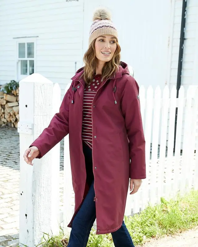 Cotton Traders Women's Longline All-Weather Fleece-Lined Waterproof Coat in Red, 100% Polyester
