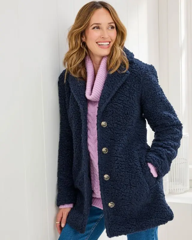 Cotton Traders Women's Borg Coat in Blue, 100% Polyester