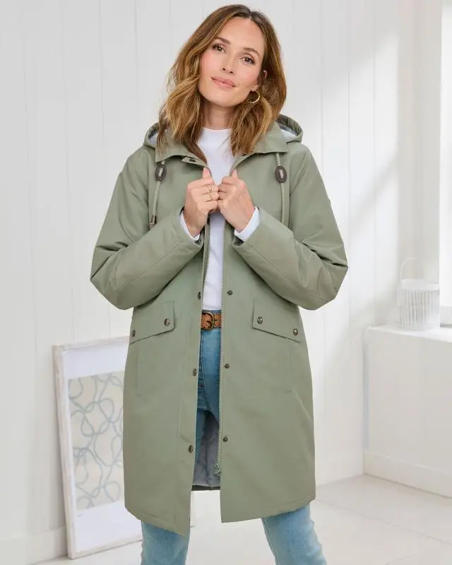 Cotton Traders Women's All-Weather Fleece-Lined Waterproof Coat in Green, 100% Polyester