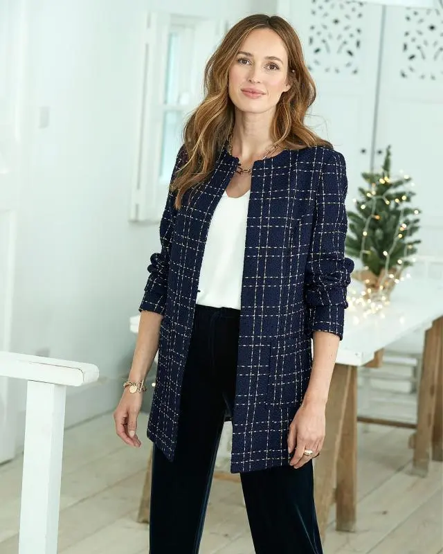 Cotton Traders Women's Boucle Jacket in Blue, Polyester/Metallised