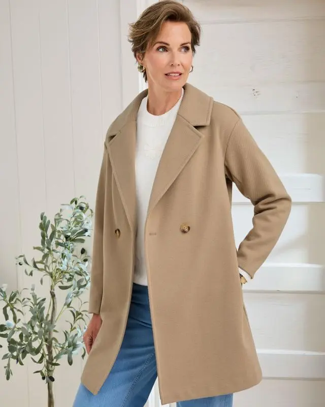Cotton Traders Women's Wool-Look Unlined Double-Breasted Coat in Brown, 100% Polyester