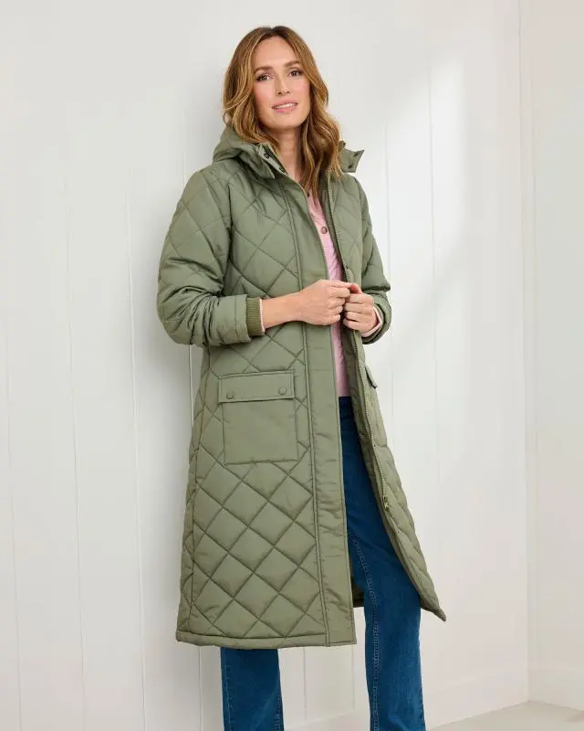 Cotton Traders Women's Long Padded Coat With Detachable Hood in Green, 100% Polyester