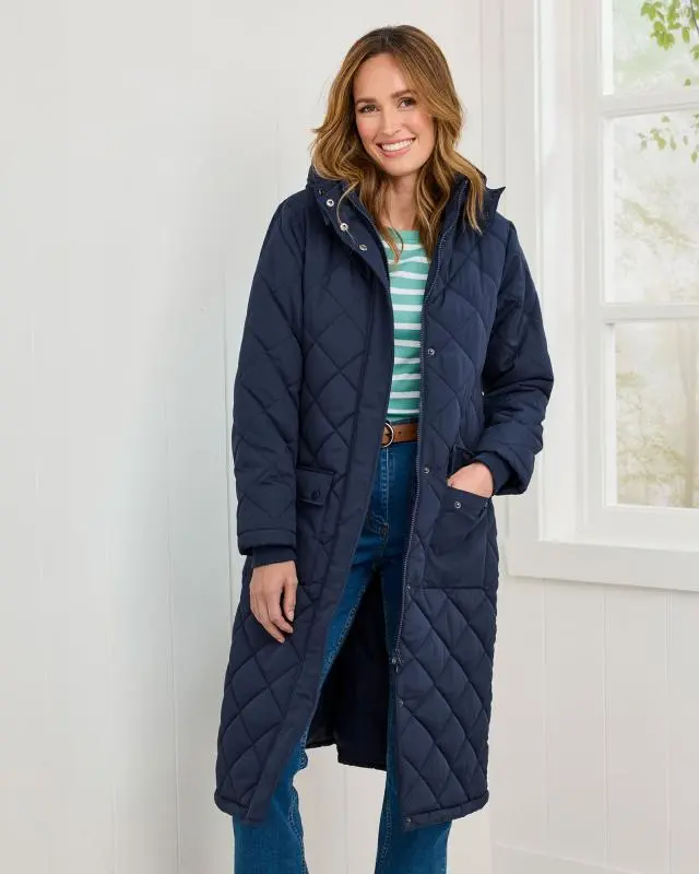 Cotton Traders Women's Long Padded Coat With Detachable Hood in Blue, 100% Polyester