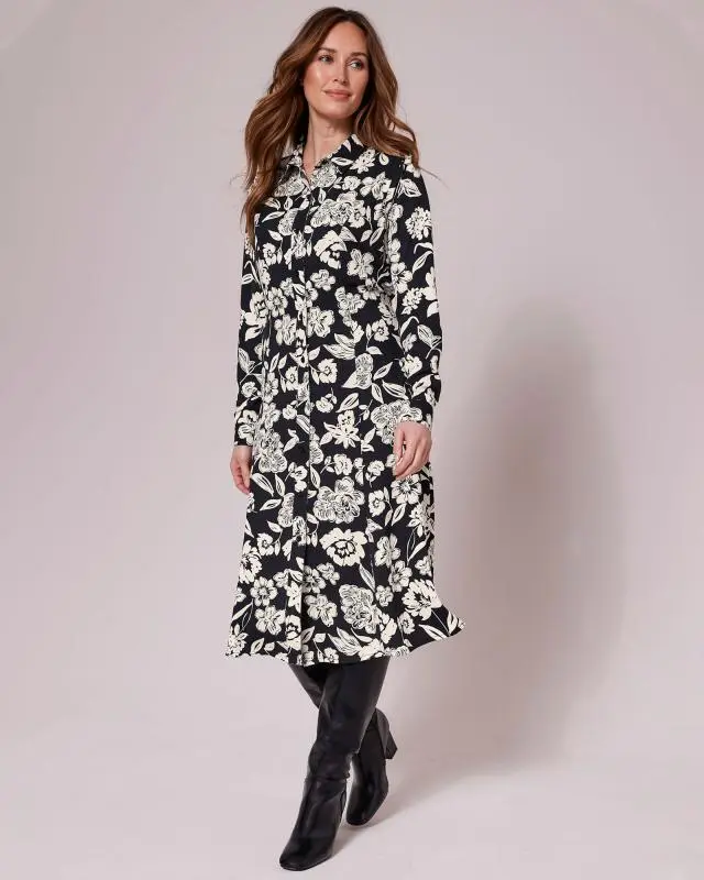 Cotton Traders Women's Must-Have Print Midi Shirt Dress in Black, 100% Polyester