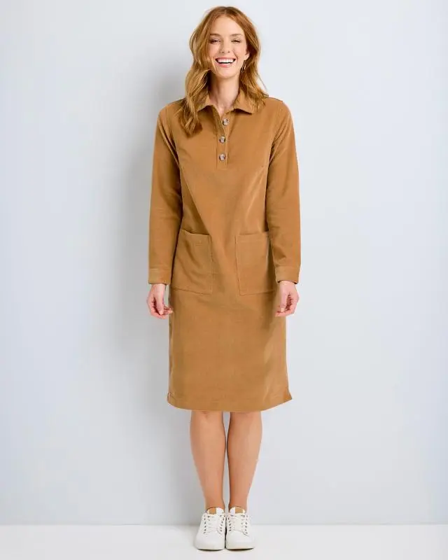 Cotton Traders Women's Cotton Cord Knee Length Dress in Beige, 100% Cotton