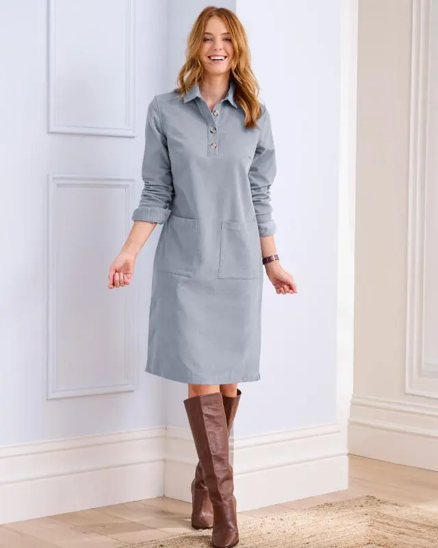 Cotton Traders Women's Cotton Cord Knee Length Dress in Blue, 100% Cotton