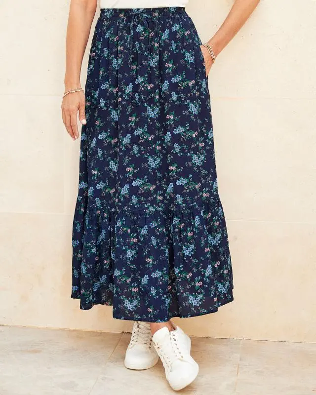 Cotton Traders Women's Print Pull-On Maxi Skirt in Blue, 100% Viscose