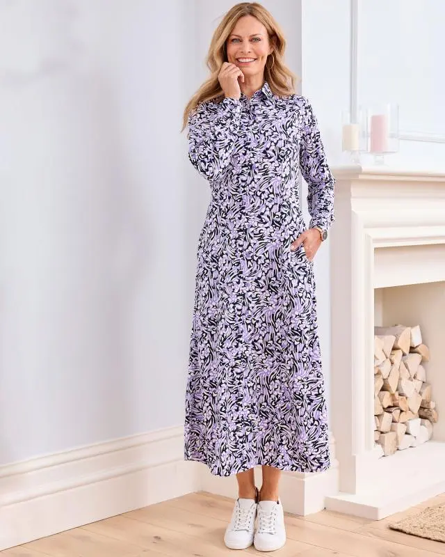 Cotton Traders Women's Must-Have Print Maxi Shirt Dress in Purple, 100% Polyester