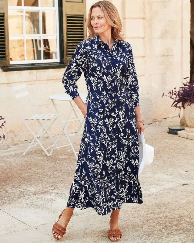 Cotton Traders Women's Must-Have Print Maxi Shirt Dress in Blue, 100% Polyester
