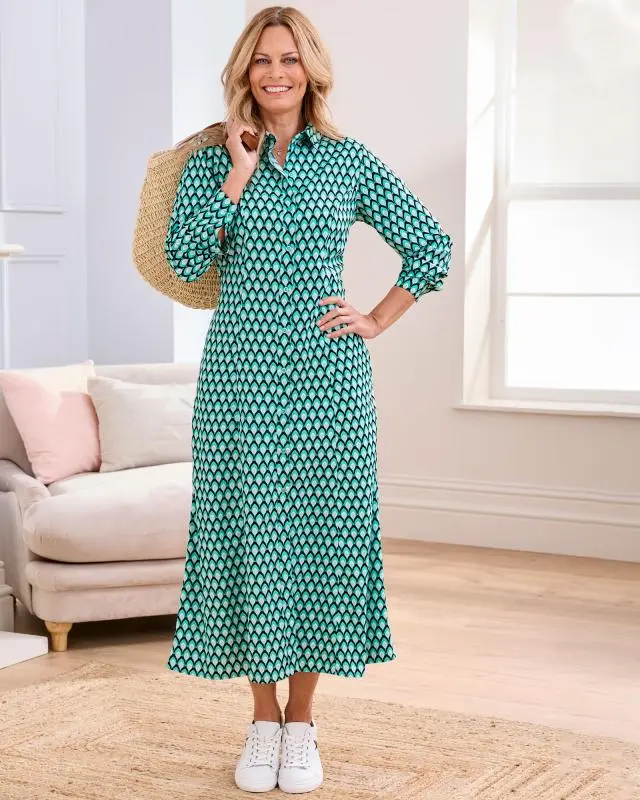 Cotton Traders Women's Must-Have Print Maxi Shirt Dress in Green, 100% Polyester
