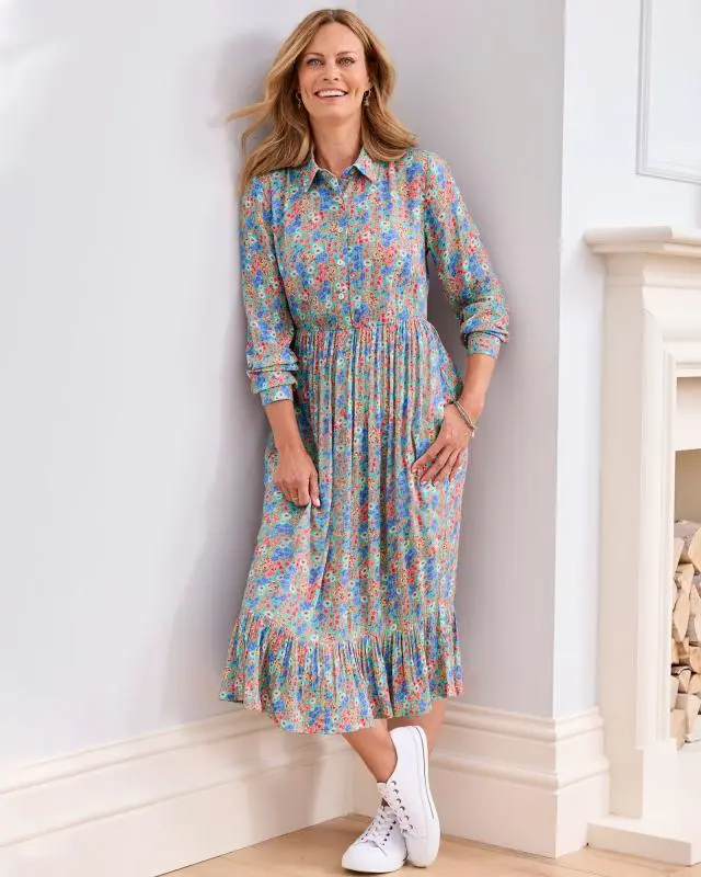 Cotton Traders Women's Crinkle Print Maxi Shirt Dress in Green, 100% Viscose