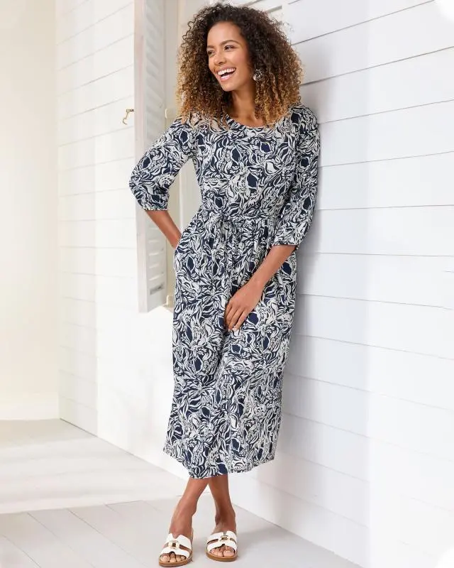Cotton Traders Women's ¾ Sleeve Print Dress in Cream, 100% Viscose