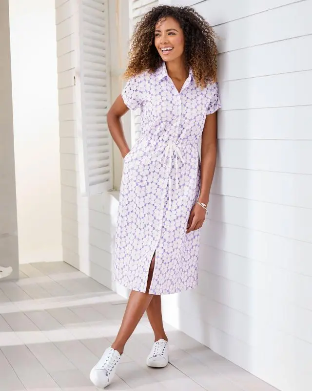 Cotton Traders Women's Broderie Dress in White, 100% Cotton