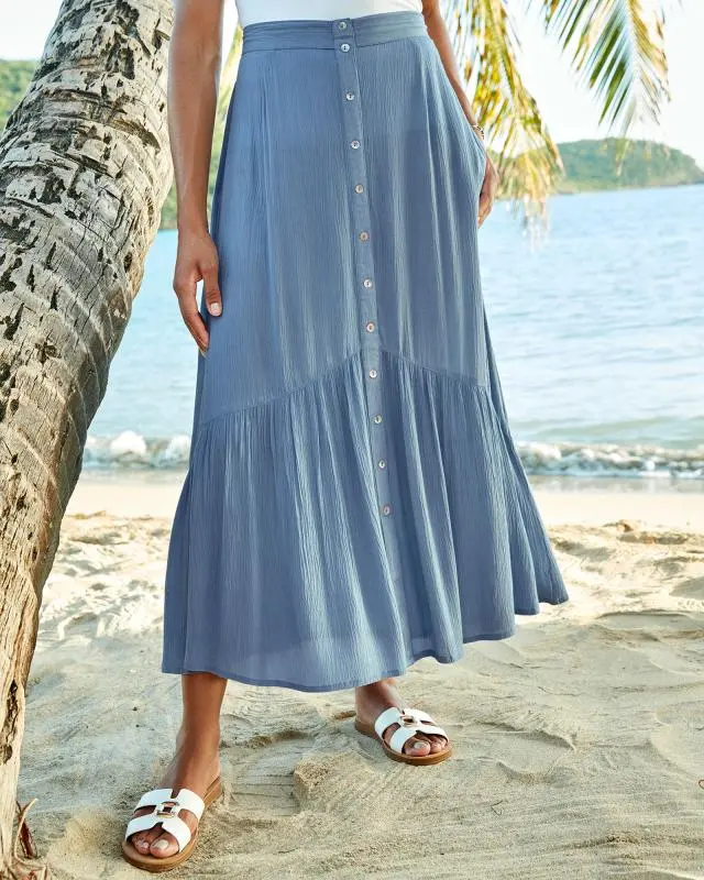 Cotton Traders Women's Pull-On Crinkle Tier Maxi Skirt in Blue, 100% Viscose