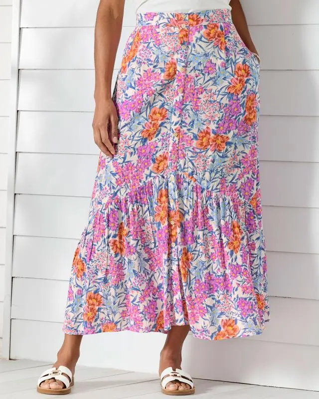 Cotton Traders Women's Printed Pull-On Crinkle Tier Maxi Skirt, 100% Viscose