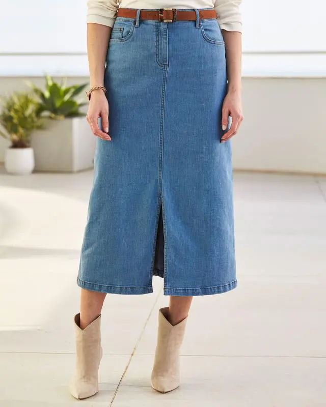 Cotton Traders Women's Denim Maxi Skirt in Grey, Cotton/Elastane