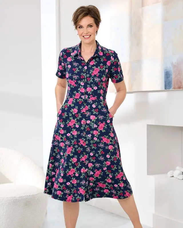 Cotton Traders Women's Short Sleeve Jersey Midi Shirt Dress in Blue, Cotton/Elastane