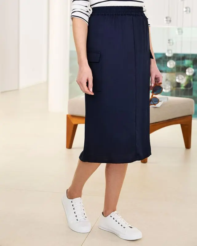Cotton Traders Women's Pull-On Cargo Pocket Midi Skirt in Blue, 100% Polyester
