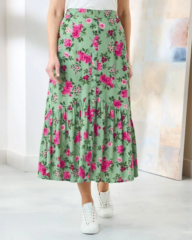 Cotton Traders Women's Print Crinkle Maxi Skirt in Green, 100% Viscose