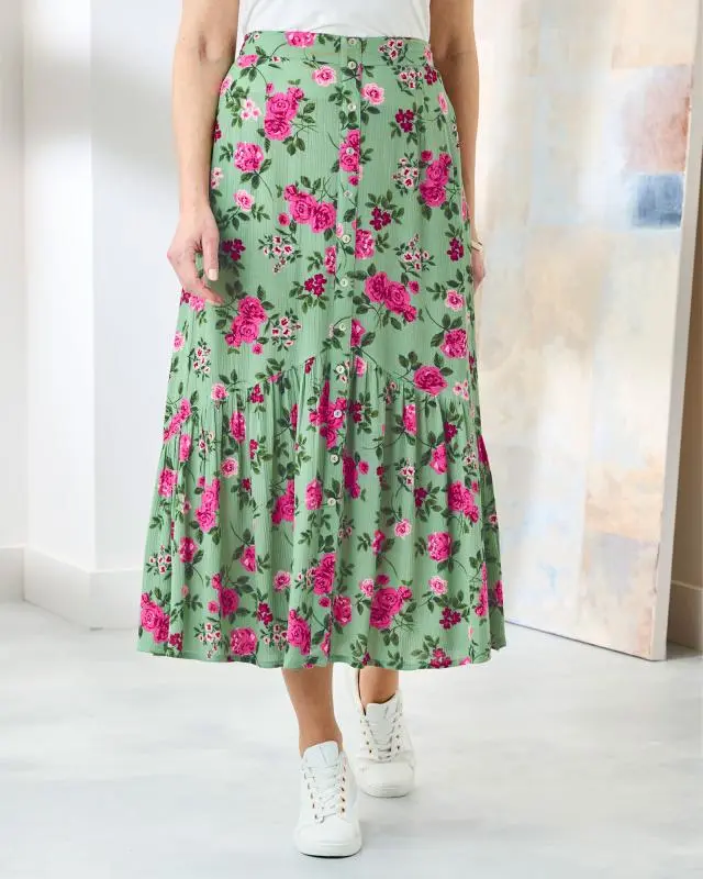 Cotton Traders Women's Print Crinkle Maxi Skirt in Green, 100% Viscose