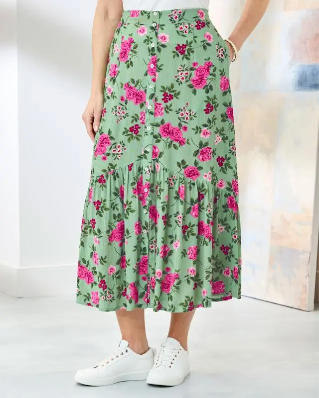 Cotton Traders Women's Print Crinkle Maxi Skirt in Green, 100% Viscose