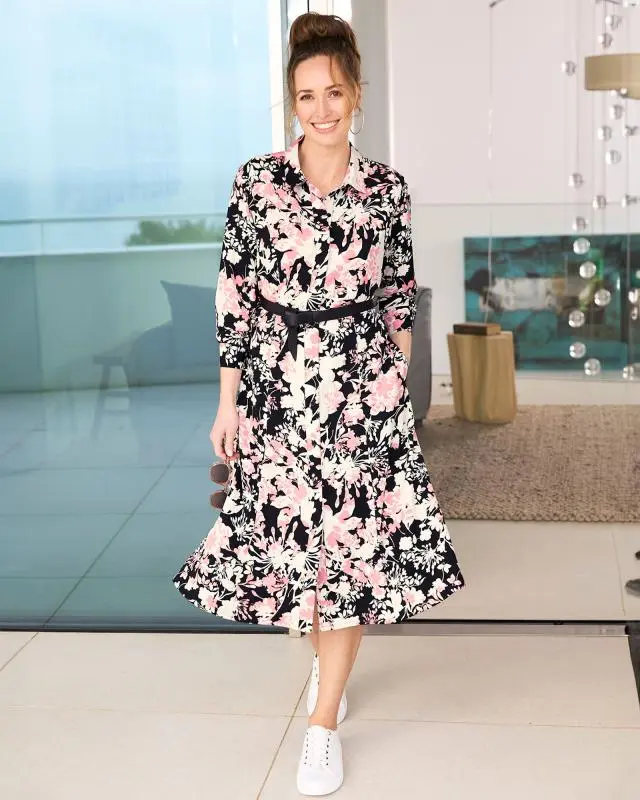 Cotton Traders Women's Must-Have Printed Midi Dress in Black, 100% Polyester