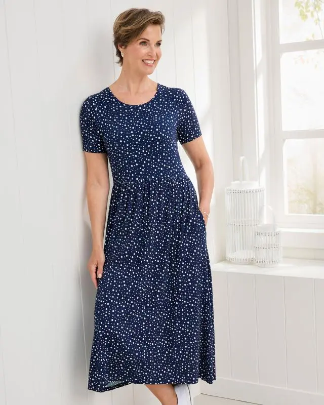 Cotton Traders Women's Printed Stretch Jersey Midi Dress in Blue, Viscose/Elastane