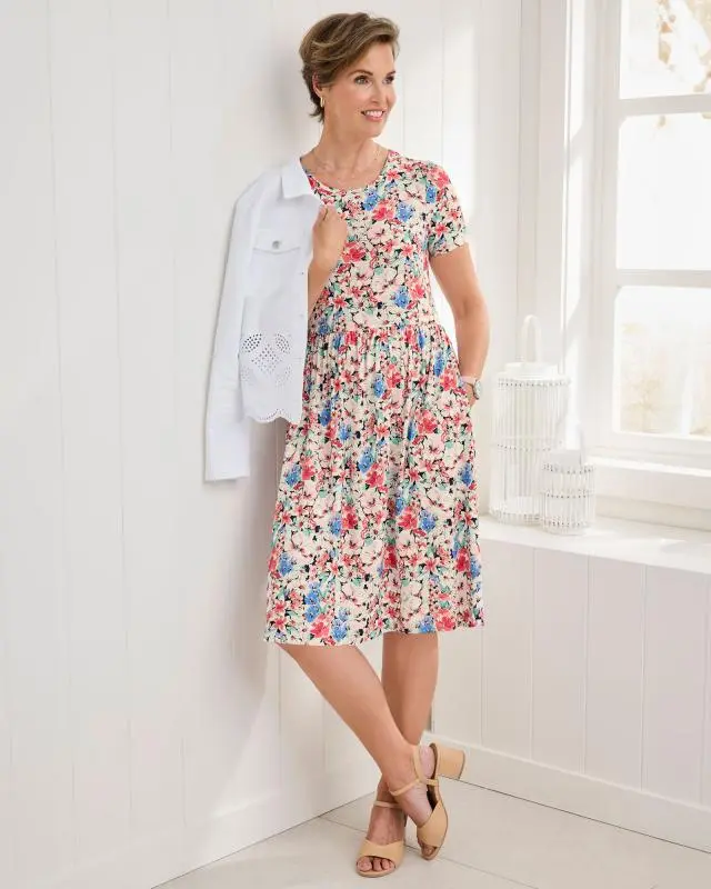Cotton Traders Women's Printed Stretch Jersey Knee-Length Dress in White, Viscose/Elastane
