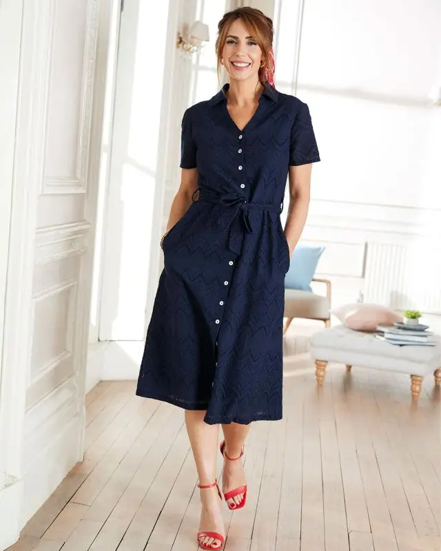 Cotton Traders Women's Broderie Dress in Blue, 100% Cotton