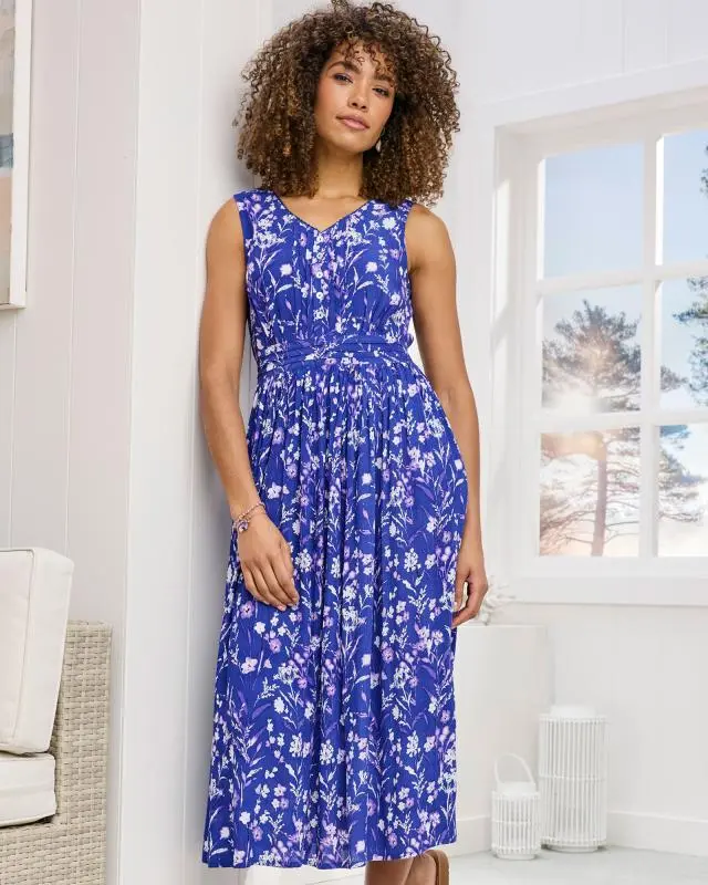 Cotton Traders Women's Printed Crinkle Maxi Dress in Blue, 100% Viscose