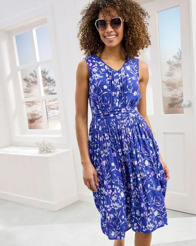 Cotton Traders Women's Printed Crinkle Short Dress in Blue, 100% Viscose