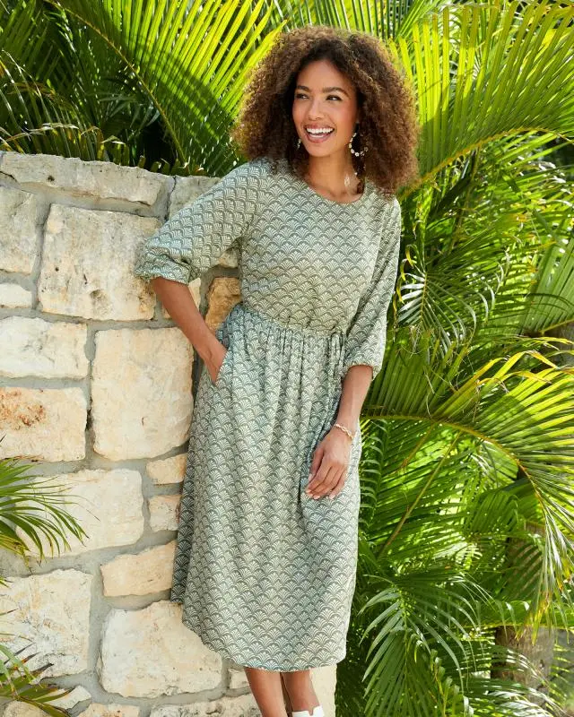 Cotton Traders Women's 3/4 Sleeve Print Dress in Green, 100% Viscose