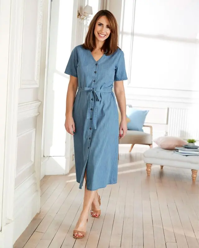 Cotton Traders Women's V-Neck Denim Midi Dress in Blue, 100% Cotton